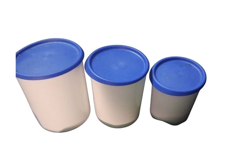 Tupperware Modular Mates Round Food Storage Canister Set 3 Piece Blue Lid